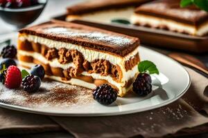 une tranche de gâteau sur une assiette avec baies. généré par ai photo