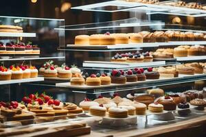 beaucoup différent les types de Gâteaux sont sur afficher dans une boulangerie. généré par ai photo