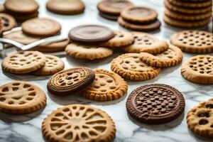 biscuits et des biscuits sur une marbre comptoir. généré par ai photo