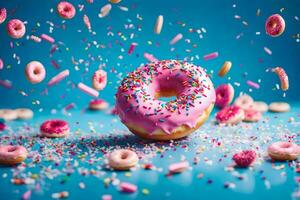 Donut avec arrose et rose glaçage sur une bleu Contexte. généré par ai photo