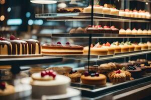 beaucoup différent les types de Gâteaux sont sur afficher dans une boulangerie. généré par ai photo