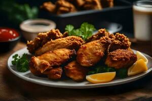 frit poulet ailes et citron coins sur une plaque. généré par ai photo