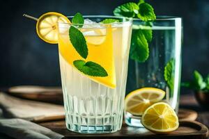 deux des lunettes de limonade avec menthe feuilles et citrons. généré par ai photo