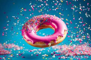 une Donut avec arrose et rose glaçage sur une bleu Contexte. généré par ai photo