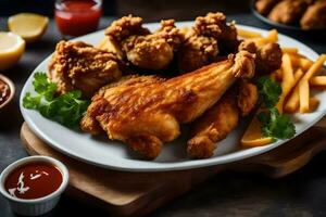 frit poulet et frites sur une plaque. généré par ai photo