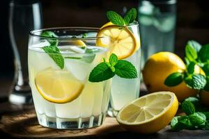 limonade dans une verre avec menthe feuilles et citrons. généré par ai photo