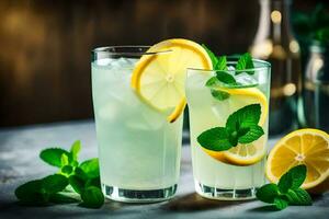 deux des lunettes de limonade avec menthe feuilles. généré par ai photo