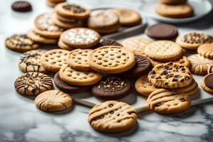 une variété de biscuits sur une marbre comptoir. généré par ai photo