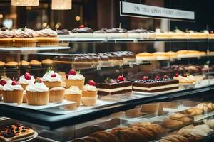 une afficher Cas rempli avec divers les types de des pâtisseries. généré par ai photo