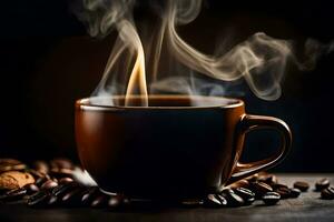 une tasse de café avec une fumant chaud tasse de café des haricots sur une foncé Contexte. généré par ai photo