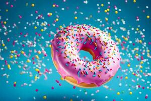 une Donut avec arrose sur une bleu Contexte. généré par ai photo