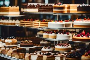 beaucoup différent les types de Gâteaux sont sur afficher dans une boulangerie. généré par ai photo