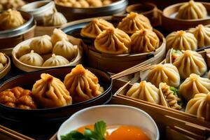 beaucoup différent les types de Dumplings sont affiché dans paniers. généré par ai photo