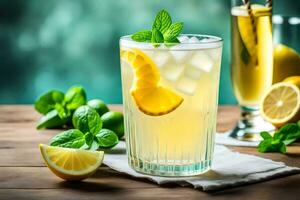 limonade avec menthe feuilles et citrons sur une en bois tableau. généré par ai photo