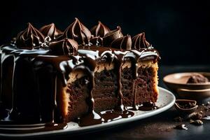 une pièce de Chocolat gâteau avec Chocolat glaçage et Chocolat bruine. généré par ai photo