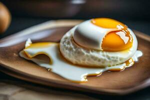 un Oeuf sur une assiette avec une cuillère. généré par ai photo