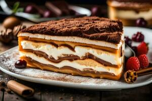 une tranche de gâteau sur une assiette avec Chocolat et crème. généré par ai photo