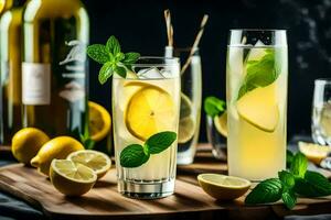 limonade avec menthe et citrons sur une en bois plateau. généré par ai photo