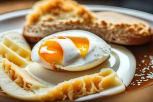 un Oeuf est séance sur Haut de une assiette avec pain. généré par ai photo