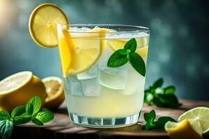 limonade avec menthe et citrons sur une en bois tableau. généré par ai photo