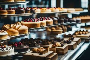 beaucoup différent les types de Gâteaux sont sur afficher dans une boulangerie. généré par ai photo