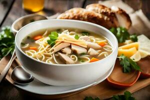 poulet nouille soupe avec une côté de pain. généré par ai photo