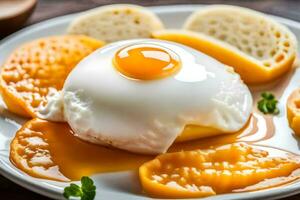 un Oeuf est sur Haut de une assiette avec tranché fruit. généré par ai photo