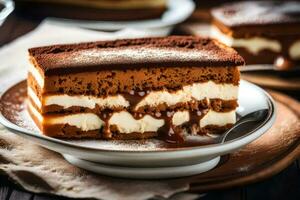 une tranche de Chocolat gâteau sur une plaque. généré par ai photo