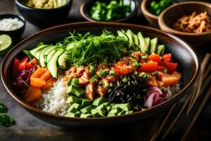 une bol de Sushi avec riz, des légumes et autre ingrédients. généré par ai photo
