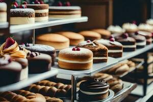 beaucoup différent les types de Gâteaux sont sur afficher dans une boulangerie. généré par ai photo