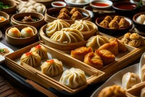 une variété de Dumplings sont arrangé sur une en bois plateau. généré par ai photo