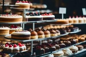 beaucoup différent les types de Gâteaux sont sur afficher dans une boulangerie. généré par ai photo