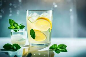 une verre de limonade avec menthe feuilles et citron tranches. généré par ai photo