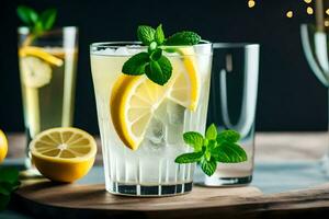 limonade dans une verre avec la glace et menthe feuilles. généré par ai photo
