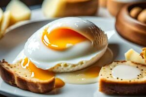 un Oeuf sur une assiette avec fromage et pain. généré par ai photo