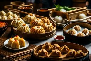 une table avec beaucoup différent les types de Dumplings. généré par ai photo