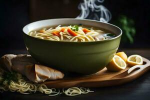 une bol de soupe avec nouilles, des légumes et pain sur une en bois tableau. généré par ai photo