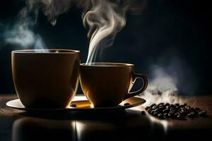 deux café tasses avec vapeur et des haricots sur une tableau. généré par ai photo