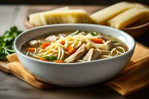 poulet nouille soupe dans une bol. généré par ai photo