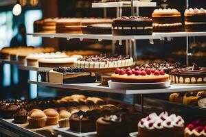 beaucoup différent les types de Gâteaux sont sur afficher dans une boulangerie. généré par ai photo