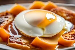 un Oeuf sur Haut de pain grillé avec sirop. généré par ai photo