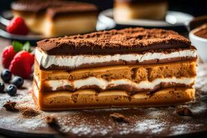 une tranche de gâteau avec Chocolat et crème sur une en bois planche. généré par ai photo