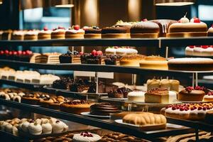 beaucoup différent les types de Gâteaux sont sur afficher dans une boulangerie. généré par ai photo