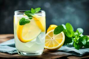 une verre de limonade avec menthe feuilles et citrons. généré par ai photo