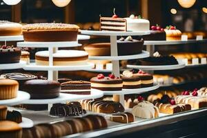 beaucoup différent les types de Gâteaux sont sur afficher dans une boulangerie. généré par ai photo