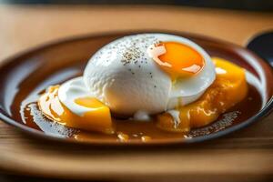 un Oeuf est séance sur Haut de une assiette avec une cuillère. généré par ai photo