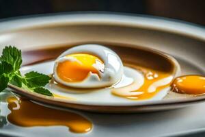 un Oeuf sur une assiette avec une cuillère. généré par ai photo