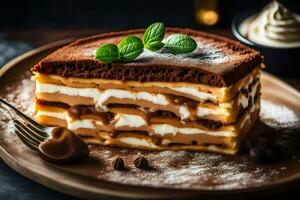 une tranche de gâteau avec Chocolat et crème. généré par ai photo