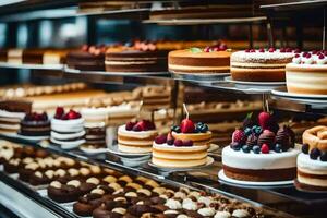 beaucoup différent les types de Gâteaux sont sur afficher dans une boulangerie. généré par ai photo