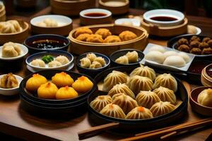 une table avec beaucoup différent les types de Dumplings. généré par ai photo